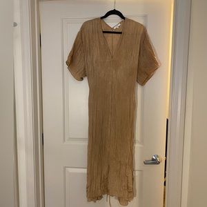 VINCE Belted plissé-satin midi dress gold/tan, like-new, size large